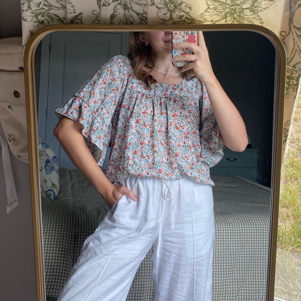 Floral Ruffle Square Neck Blouse